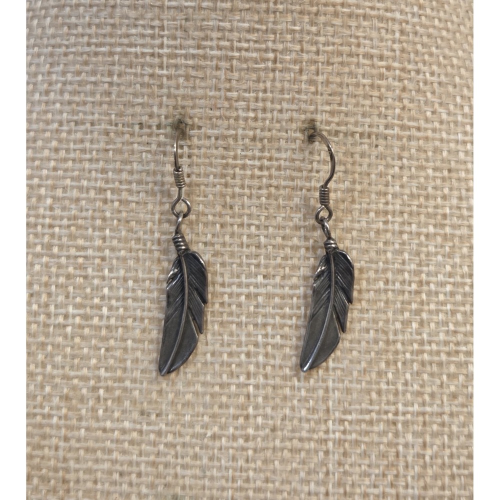 Vintage Sterling Silver Feather Native American Dangle Earrings 925